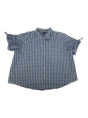 Roamans Blouse Women's 30W Blue White Gingham Check Tie Sleeve Cotton Preppy